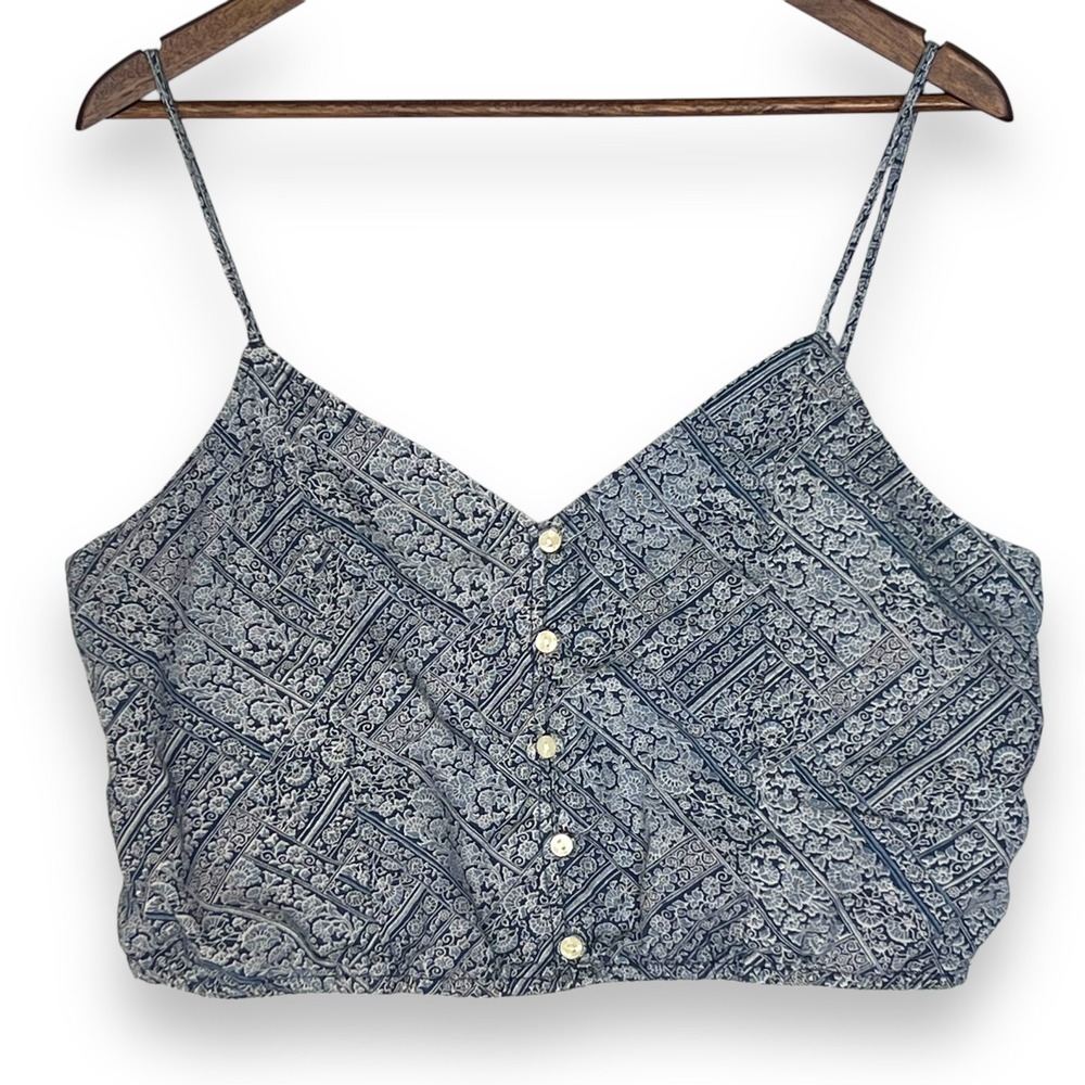 American Eagle Blue Crop Top Floral Paisley Button Front Adjustable Strap Boho L